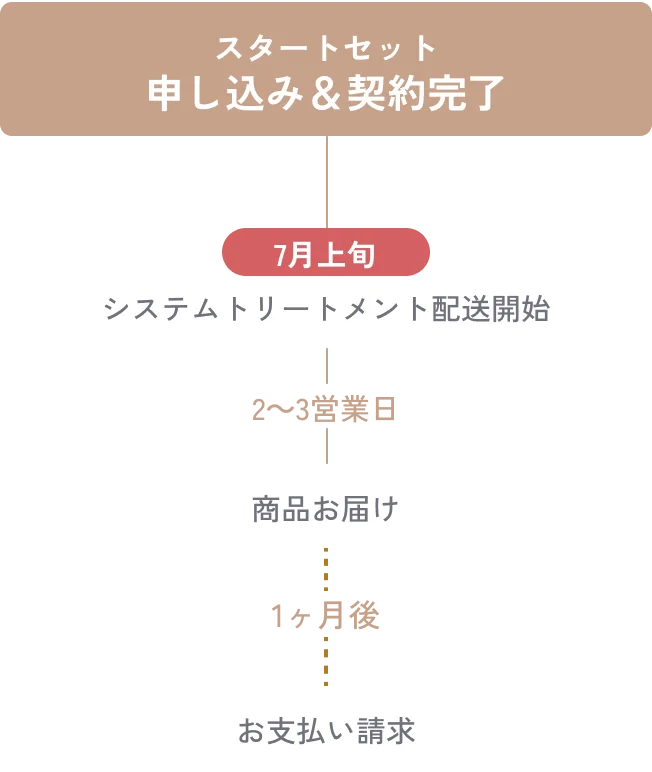 【スタートセット申し込み＆契約完了】[7月上旬]システムトリートメント配送開始→[2～3営業日]→商品お届け→[1ヶ月後]→お支払い請求
